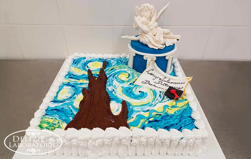 Torte Artistiche Milano: torta di laurea a tema di amore e psiche con la notte stellata 